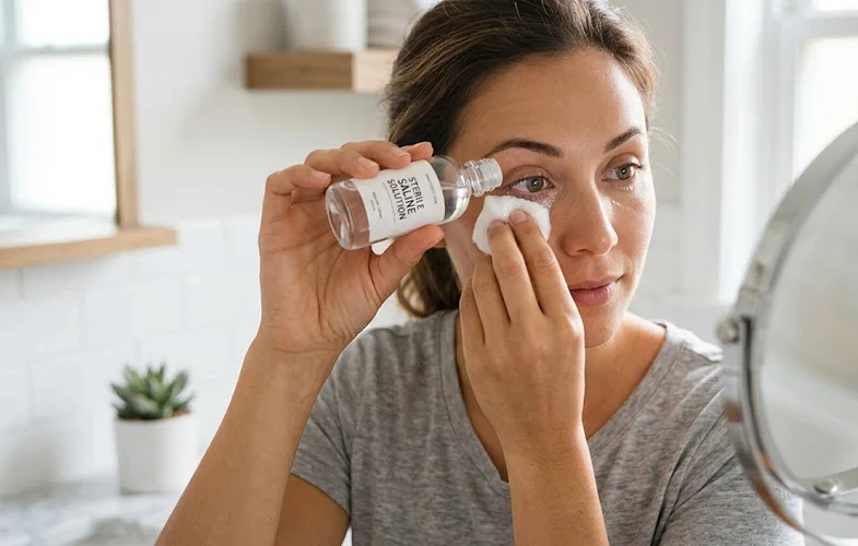Person gently applying a saline eye rinse using a clean cotton ball