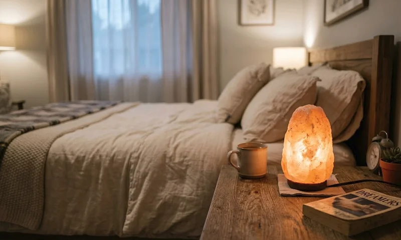 Warm glowing Himalayan salt lamp sitting on a wooden nightstand in a cozy bedroom