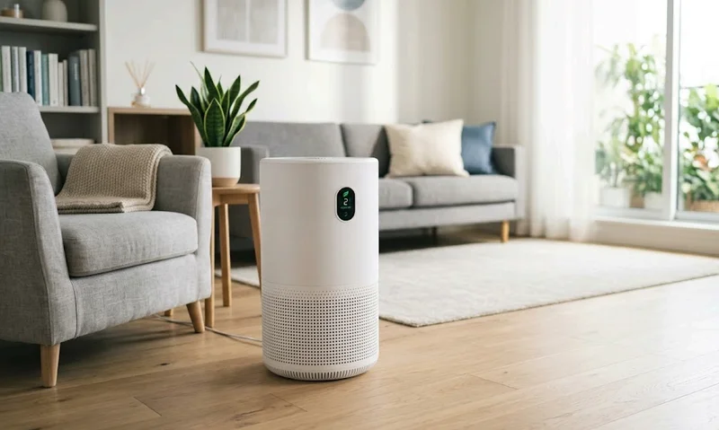 Modern HEPA air purifier running in a clean bright living room