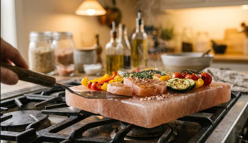  Food being seared on a hot pink Himalayan salt block in a kitchen
