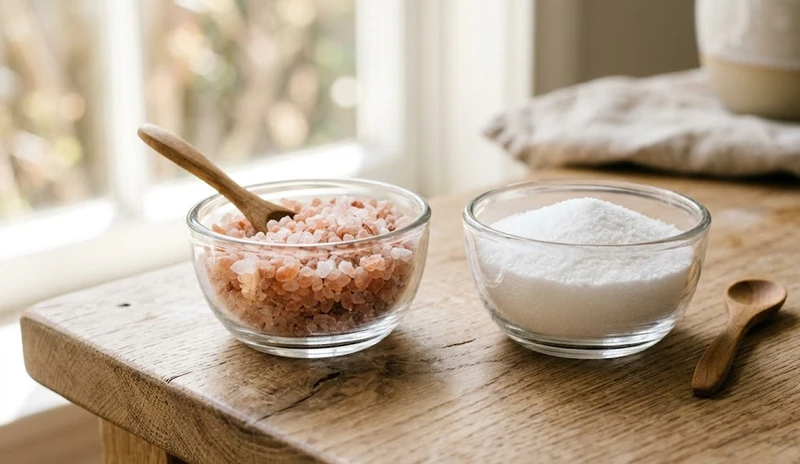  Pink Himalayan salt crystals and white table salt in two small glass bowls on a wooden table