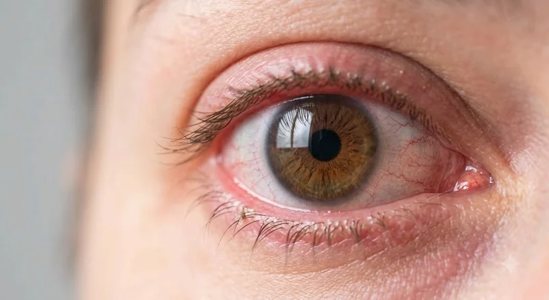 Close up of a person with a red and irritated eye showing pink eye symptoms