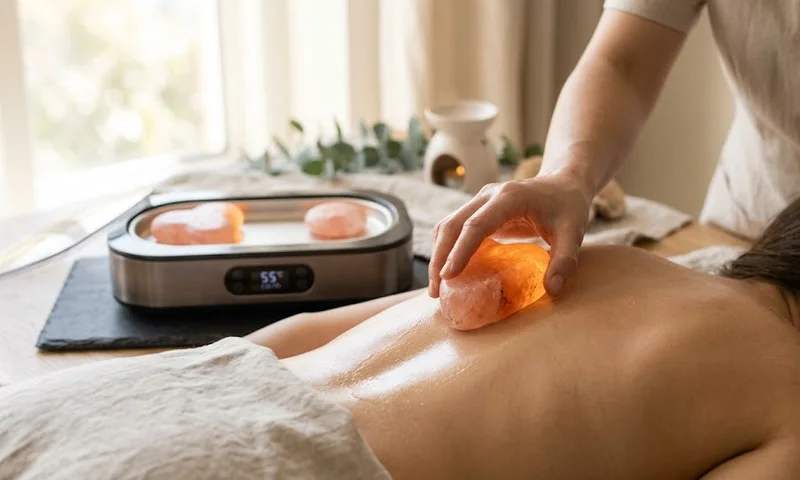 Massage therapist gliding a warm pink salt stone along a clients back with oil