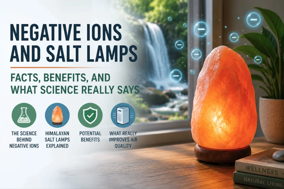 Illustration of a Himalayan salt lamp with negative ions benefits near a waterfall, representing the science behind negative ions and common wellness claims