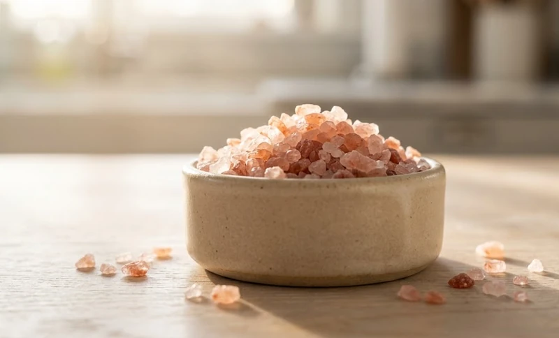 Coarse pink Himalayan salt in an open ceramic dish on a wooden table