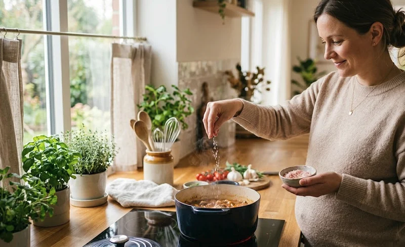 Pregnant woman gently sprinkling pink himalayan salt into a cooking pot in a bright kitchen . Is himalayan salt safe during pregnancy