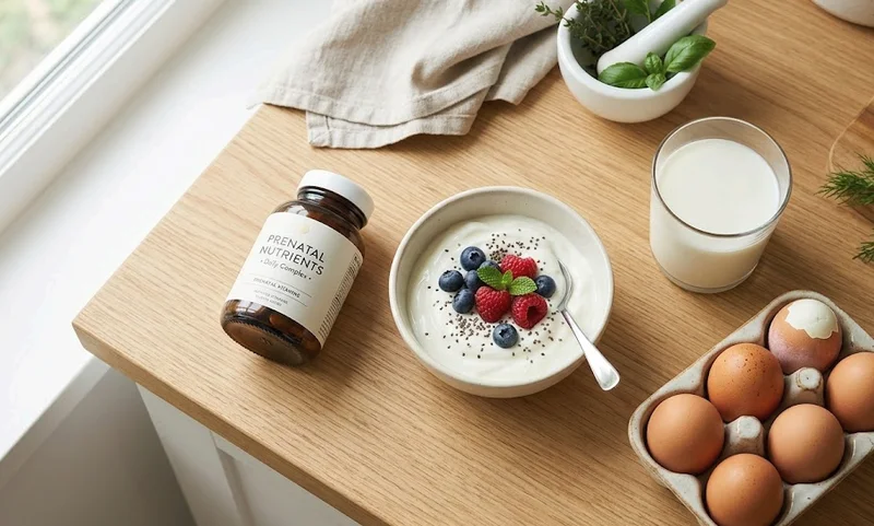 Prenatal vitamin bottle next to iodine rich foods like eggs, dairy, and seafood on a kitchen counter