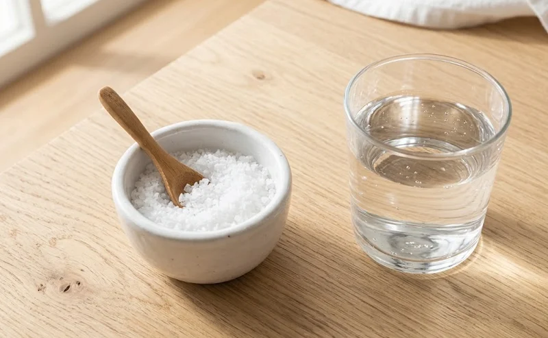 Small bowl of pure white salt next to a glass of clean water for making saline