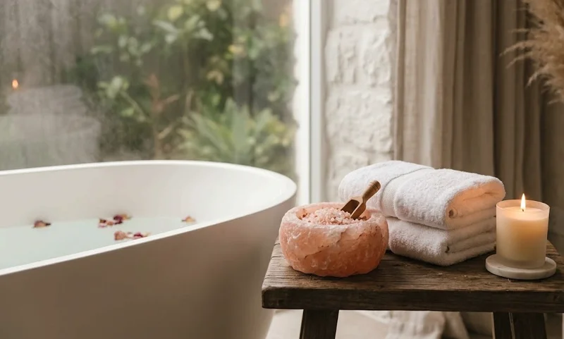 A relaxing warm bath setup with himalayan bath salts and soft towels