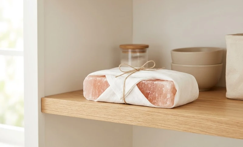 A pink salt cooking block wrapped loosely in a clean cloth in a dry cupboard