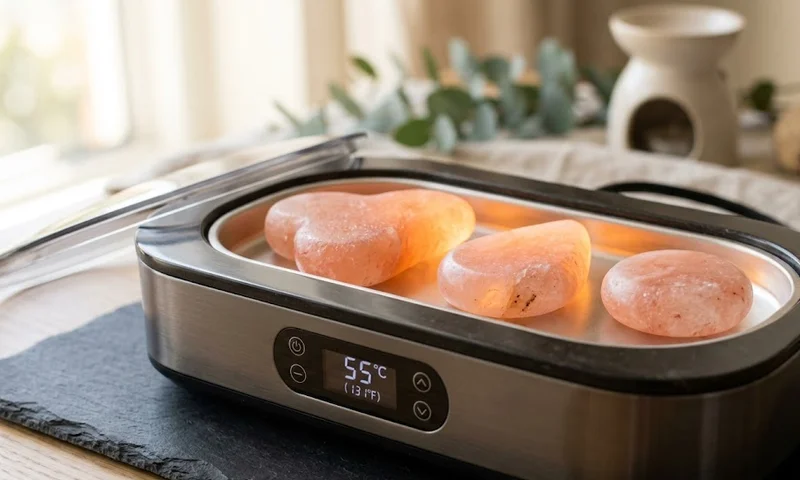 Pink salt massage stones sitting inside a professional thermostat controlled stone warmer