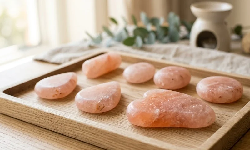 Smooth pink Himalayan salt massage stones of various shapes arranged on a wooden tray