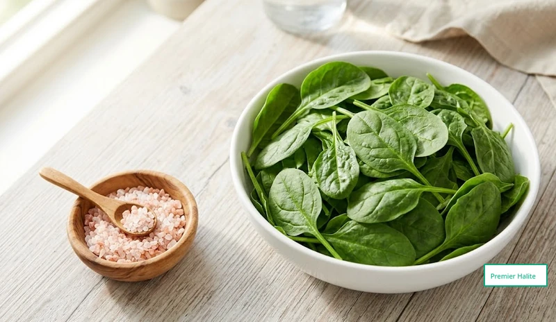 Fresh green spinach leaves in a bowl next to a small dish of pink Himalayan salt