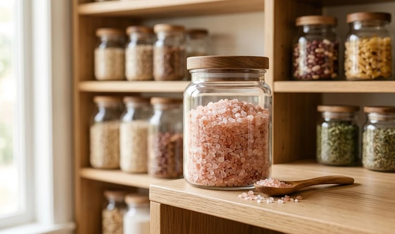 Pink Himalayan salt stored in a sealed clear glass jar with a wooden lid in a pantry