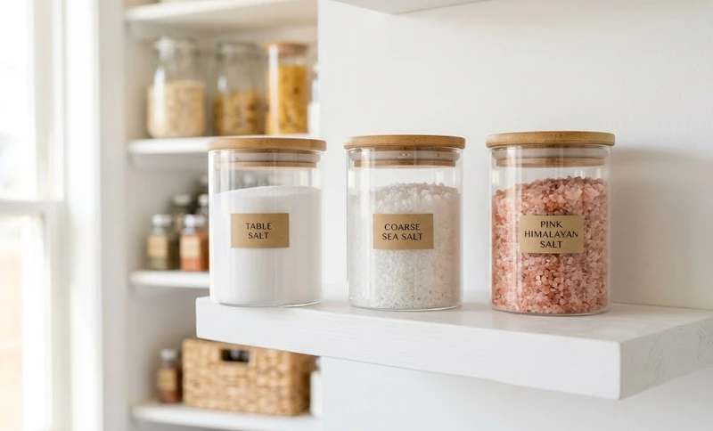 Glass jars of different salts stored neatly in a clean kitchen pantry