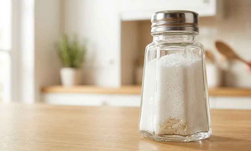 A glass salt shaker with a few grains of uncooked white rice visible inside