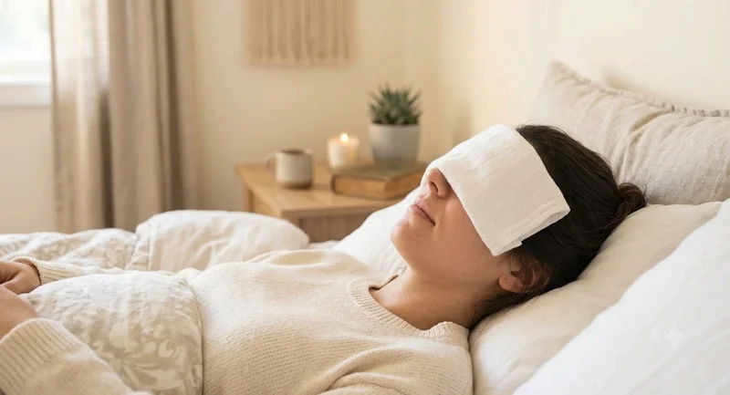 Person resting with a warm clean cloth compress over closed eyes