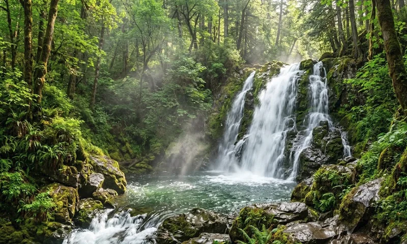 Fresh misty waterfall in a lush green forest representing natural negative ions