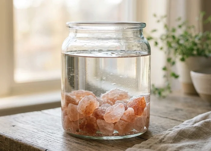 Large pink himalayan salt crystals sitting at the bottom of a clear glass jar filled with water