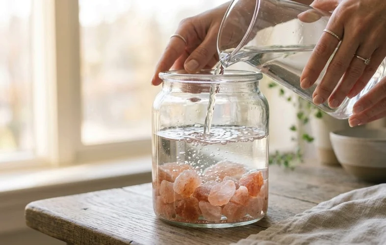  Hands pouring filtered water into a glass jar containing pink salt crystals on a kitchen counter