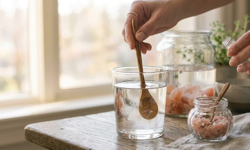  A clear glass of water with a teaspoon of sole water being stirred in, next to a jar of pink salt
