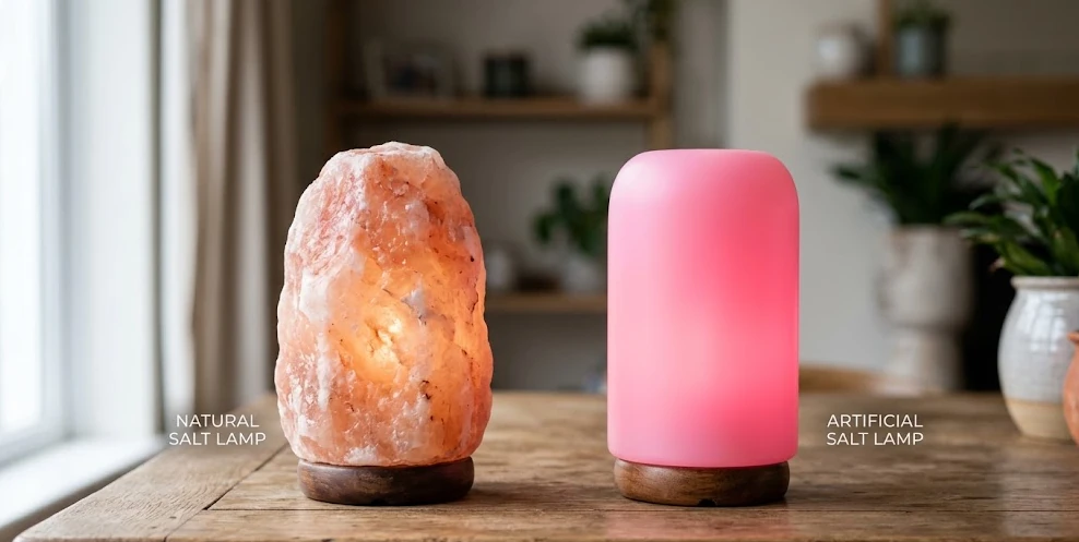 Side by side comparison of a genuine pink salt lamp and a fake uniform colored lamp