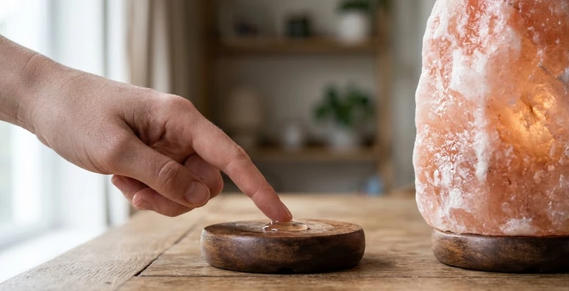 A single drop of water being applied to the base of a salt lamp to test authenticity