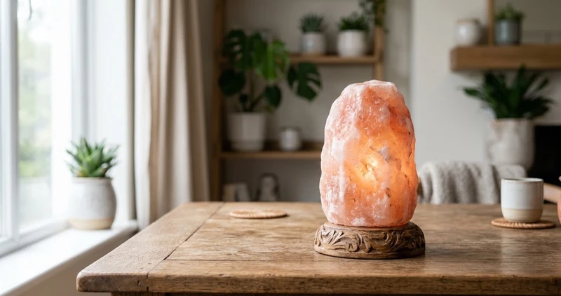 A genuine Himalayan salt lamp resting on a hand carved wooden base